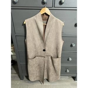 Faux-Suede Long Pocketed Vest Duster Nude Size Large One Button NWOT